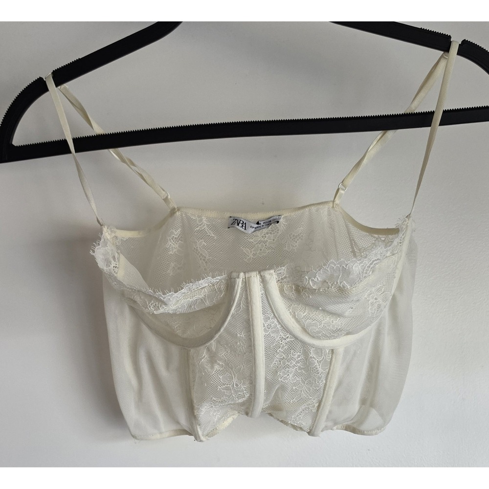 Zara Corset Top Women M White Floral Sleeveless Romantic Blouse Lace Sheer